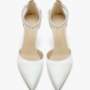 Pearl-Embellished White Pointed-Toe Women's Heels